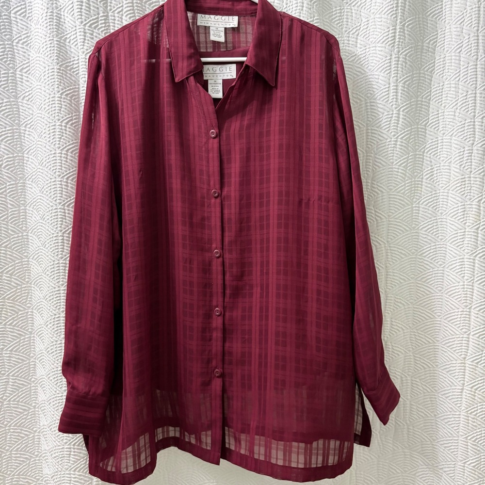 Maggie McNaughton Burgundy Sheer Grid Button Down Shirt‎ Tank Set 1X